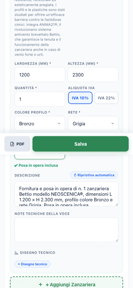 La configuración de un producto: modelo, medidas, color, tipo impositivo, total que se actualiza