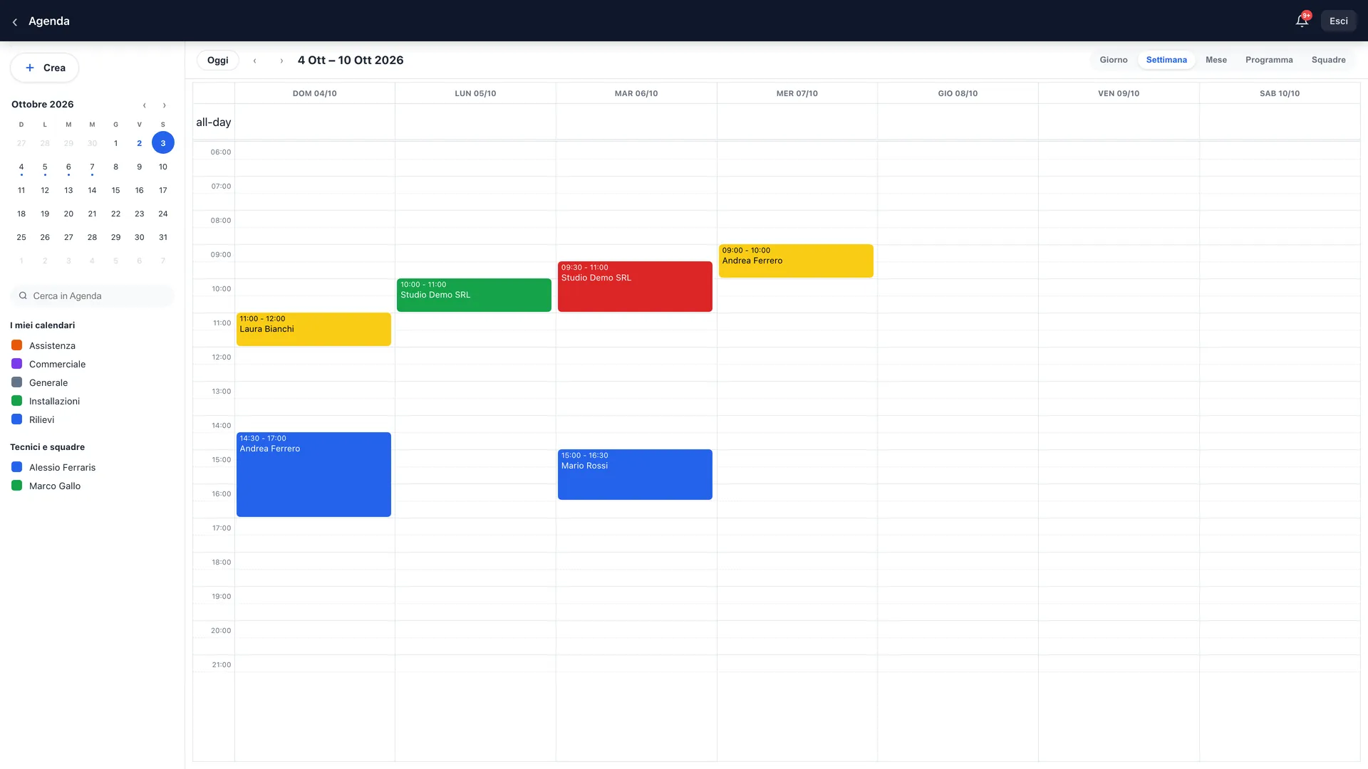 La agenda de la semana: eventos con color por tipo, calendarios y técnicos a la izquierda