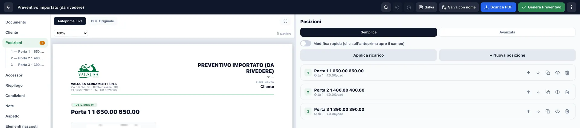 Un presupuesto de proveedor importado: la vista previa del documento Valsusa junto a las partidas extraídas, editables